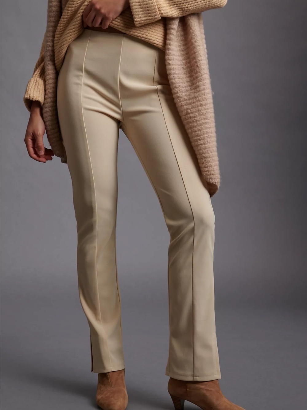 En Saison Slim Seamed Pintuck Slit-Hem Trouser Pants Anthropologie Cream - Sz M
